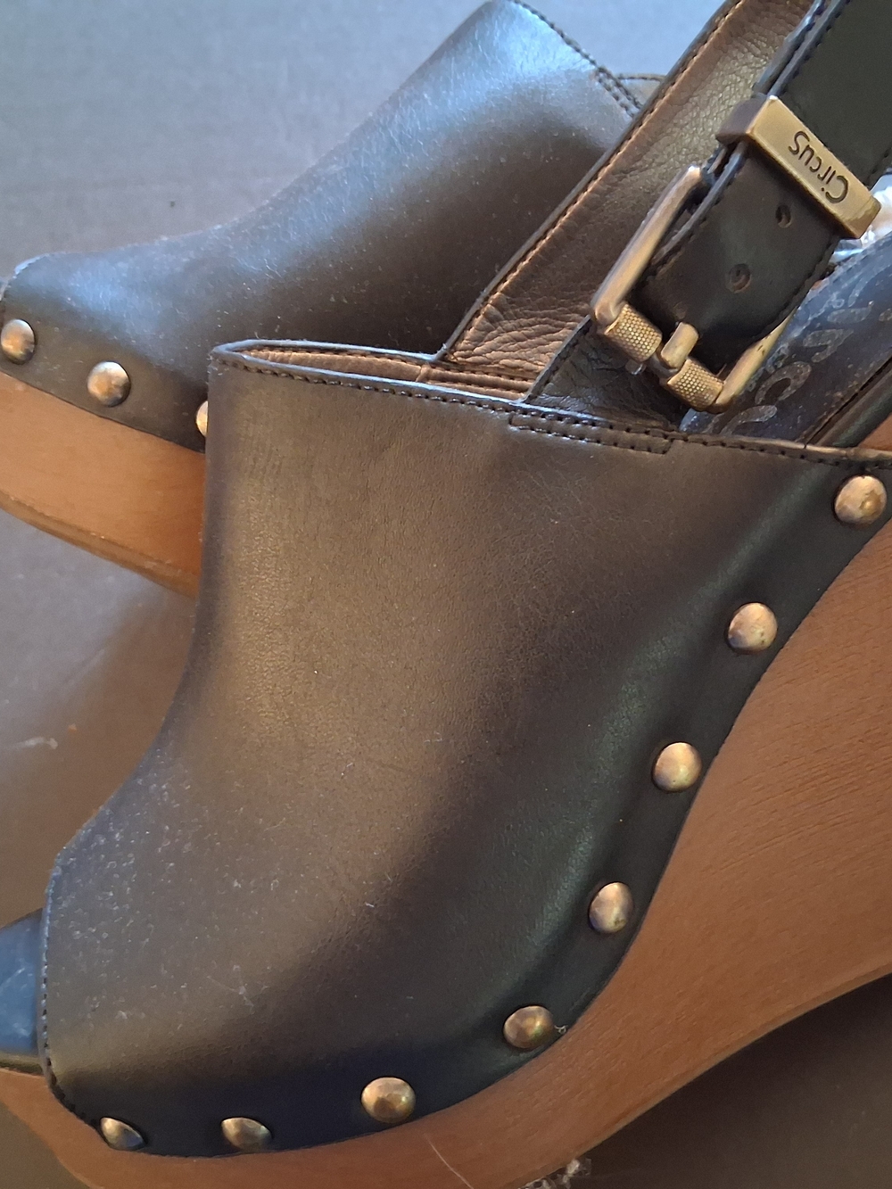 Sam Edelman Black Leather Studded Wooden Wedge Clogs